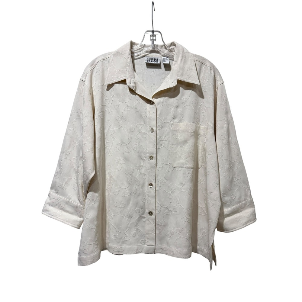 Chicos Design Cream Silk Embroidered Paisley Button Down Shirt Size 2 Large